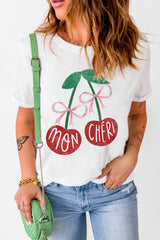 White Mon Cheri Cherry Graphic Crewneck T shirt Graphic Tees JT's Designer Fashion