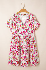 White Abstract Print V Neck Short Sleeve Ruffled Plus Size Mini Dress Plus Size Mini Dresses JT's Designer Fashion