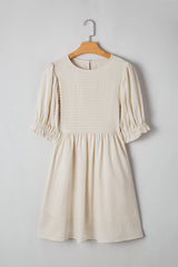 White Textured Ruffled Puff Sleeve Loose Dress Mini Dresses JT's Designer Fashion