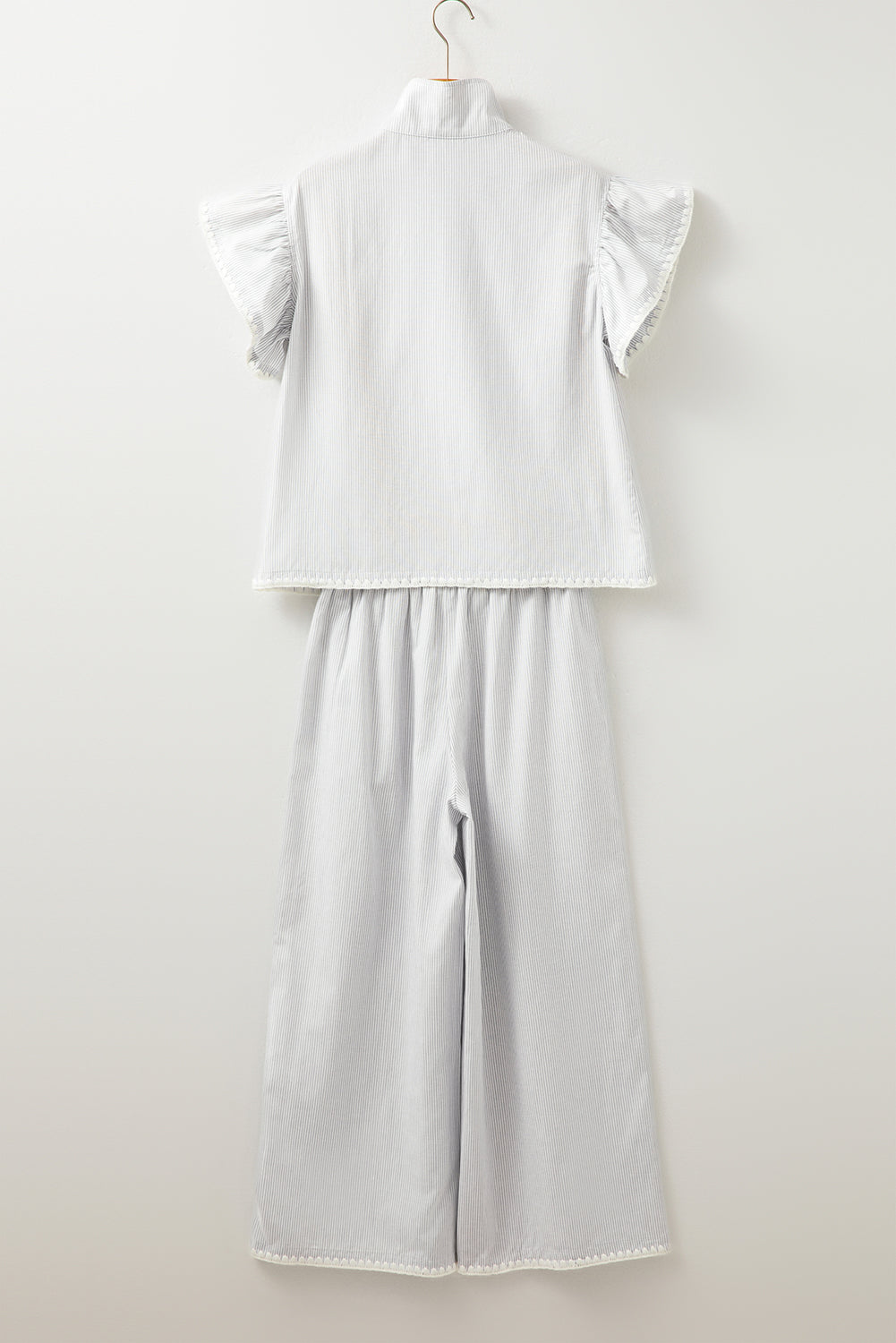Gray Stripe Zipped up Collar Ruffled Sleeve Tee and Wide Leg Pants 2pcs Outfit Pant Sets JT's Designer Fashion