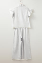 Gray Stripe Zipped up Collar Ruffled Sleeve Tee and Wide Leg Pants 2pcs Outfit Pant Sets JT's Designer Fashion