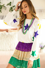 White Mardi Gras Star Printed Long Sleeve Top Long Sleeve Tops JT's Designer Fashion