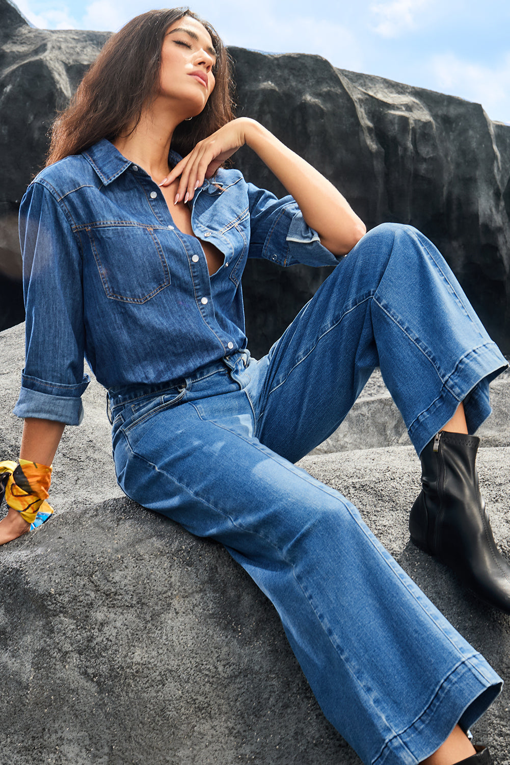 Dark Blue Plain Seam Detail Flared Bottom Ankle Length Jeans Jeans JT's Designer Fashion