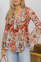 Orange Floral Print Deep V Neck Knot Bell Sleeve Blouse Blouses & Shirts JT's Designer Fashion