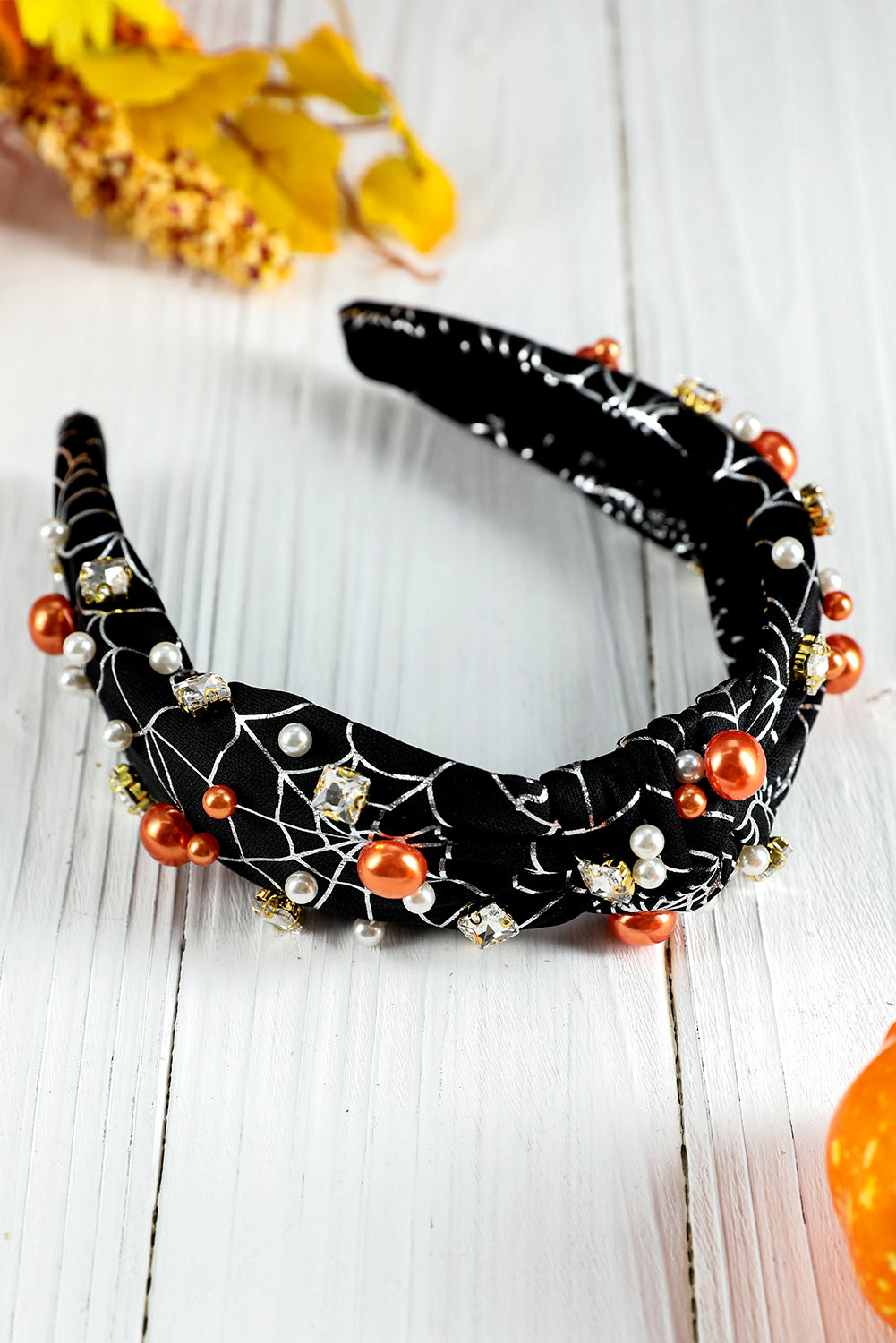 Black Pearled Rhinestone Knotted Spiderweb Halloween Headband Headwear JT's Designer Fashion