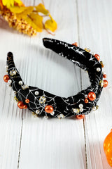 Black Pearled Rhinestone Knotted Spiderweb Halloween Headband Headwear JT's Designer Fashion