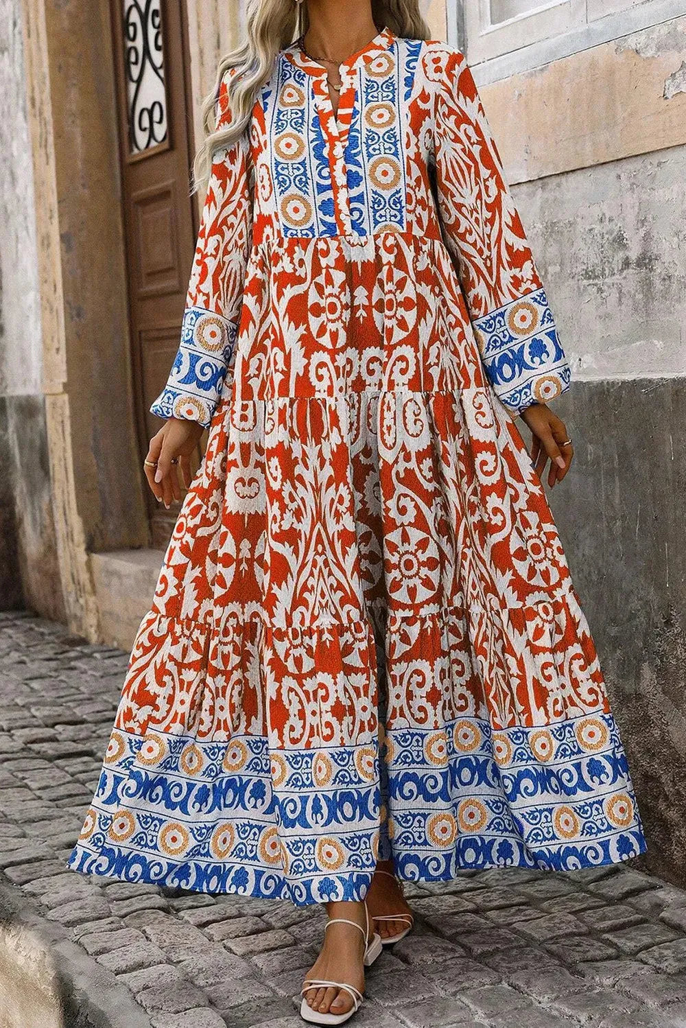 Printed Notched Long Sleeve Long Dress Orange Maxi Dresses JT's Designer Fashion