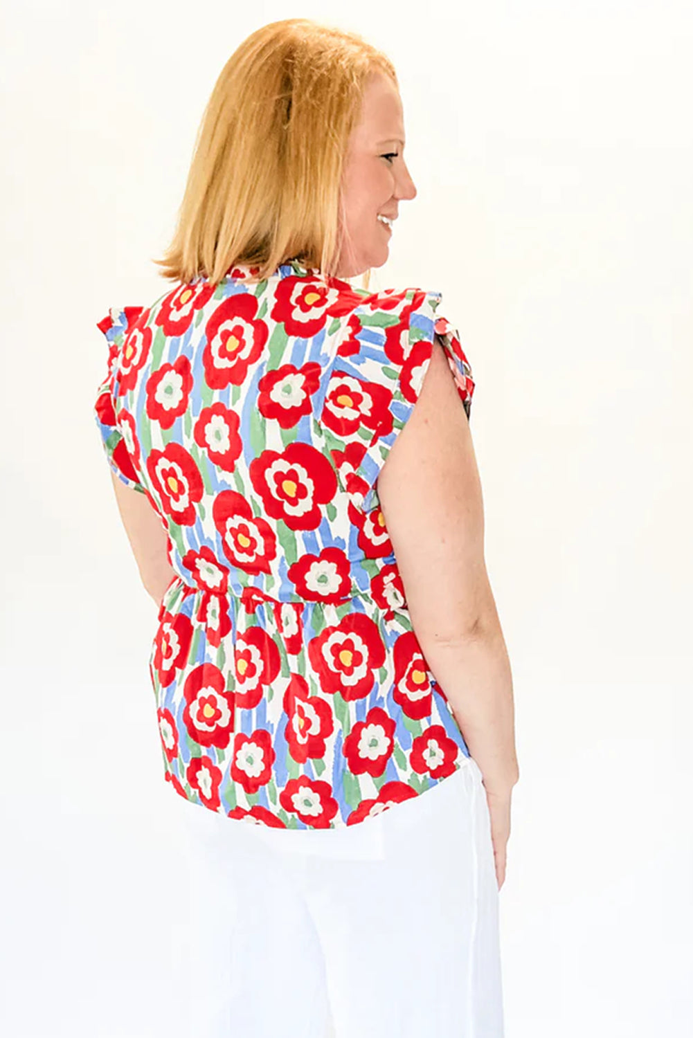 Red Plus Size Floral Print Ruffle Trim Split Neck Peplum Top Plus Size Blouses & Shirts JT's Designer Fashion