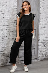 Black Cable Knit Contrast Trim Short Sleeve Top and Pants Set Pant Sets JT's Designer Fashion