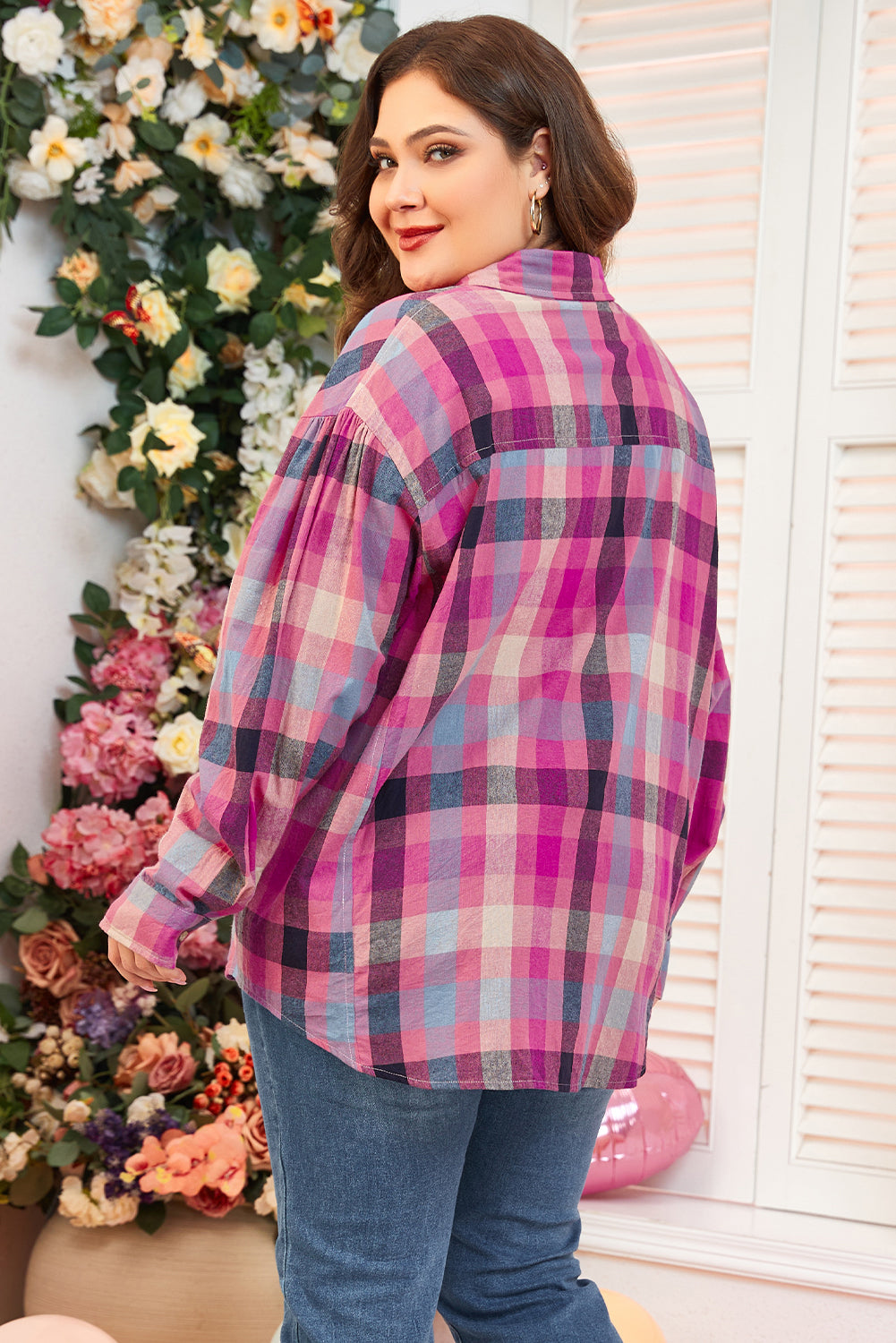 Rose Plus Size Checkered Print Button up Shirt Plus Size Blouses & Shirts JT's Designer Fashion