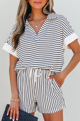 Black Stripe V Neck Tee and Casual Short Set Short Sets JT's Designer Fashion