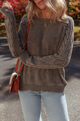 Dark Brown Contrast Cable Knit Sleeve Casual Sweater Sweaters JT's Designer Fashion