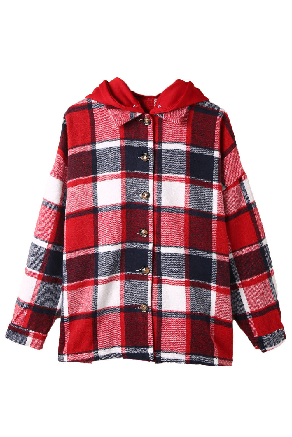 Fiery Red Hooded Plaid Button Front Shacket Plaid Shackets JT's Designer Fashion