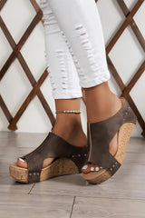 Chestnut Hollow Out Studded Leather Wedge Slippers Slippers JT's Designer Fashion