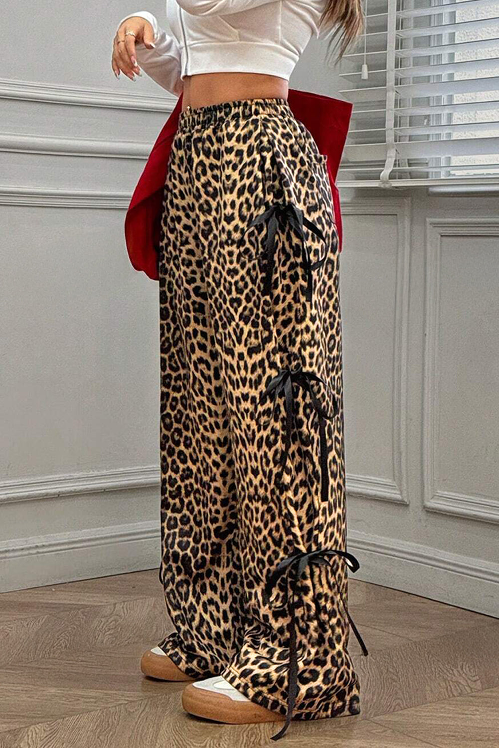 Brown Leopard Print Bow Tie Drawstring Elastic Waist Loose High Waist Pants Pants & Culotte JT's Designer Fashion