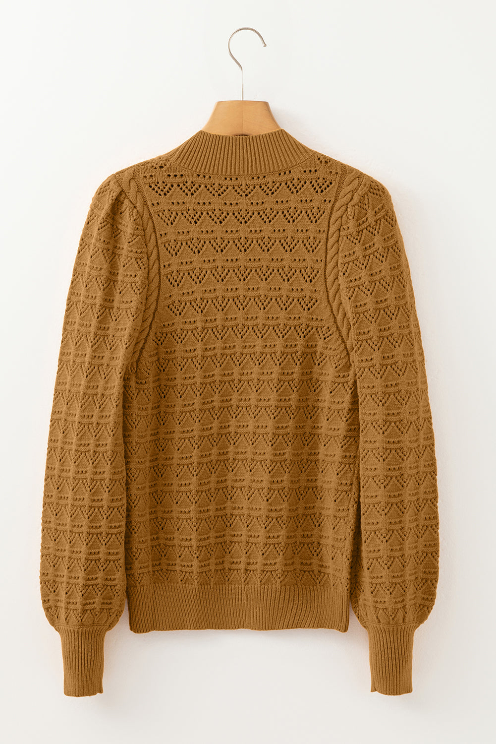Jurassic Gold Hollow Out Crochet Ribbed Edge Balloon Sleeve Sweater Sweaters JT's Designer Fashion