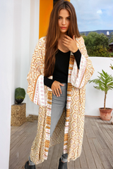 Yellow Bohemian Geometric Printed Loose Sleeve Long Kimono Kimonos JT's Designer Fashion