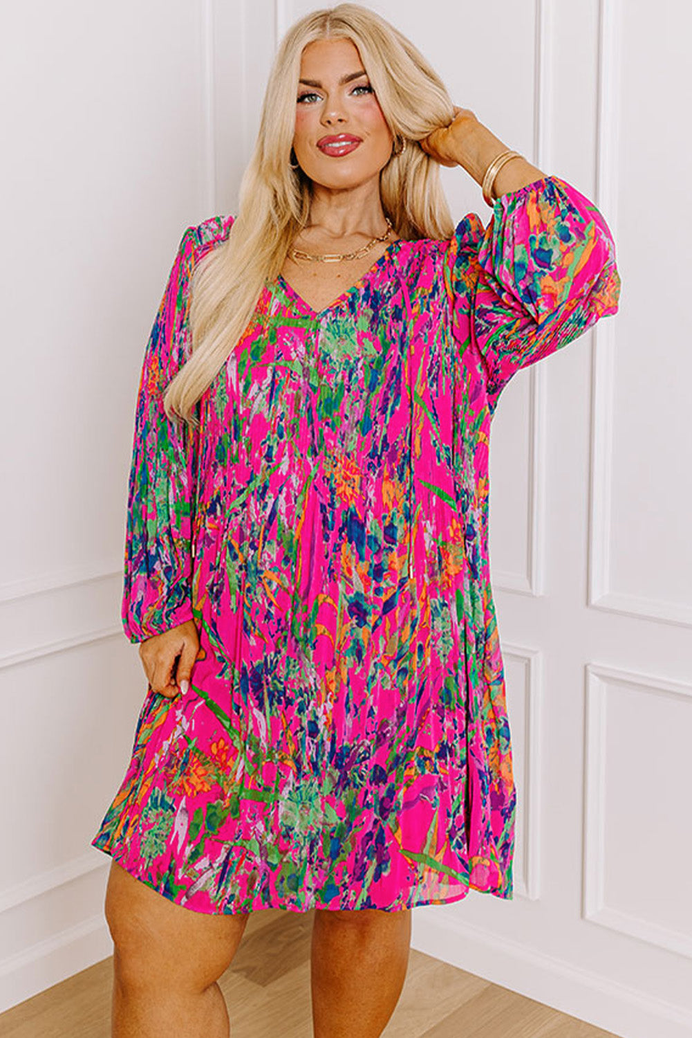 Rose Plus Size Abstract Floral Print Pleated Loose Dress Plus Size Mini Dresses JT's Designer Fashion