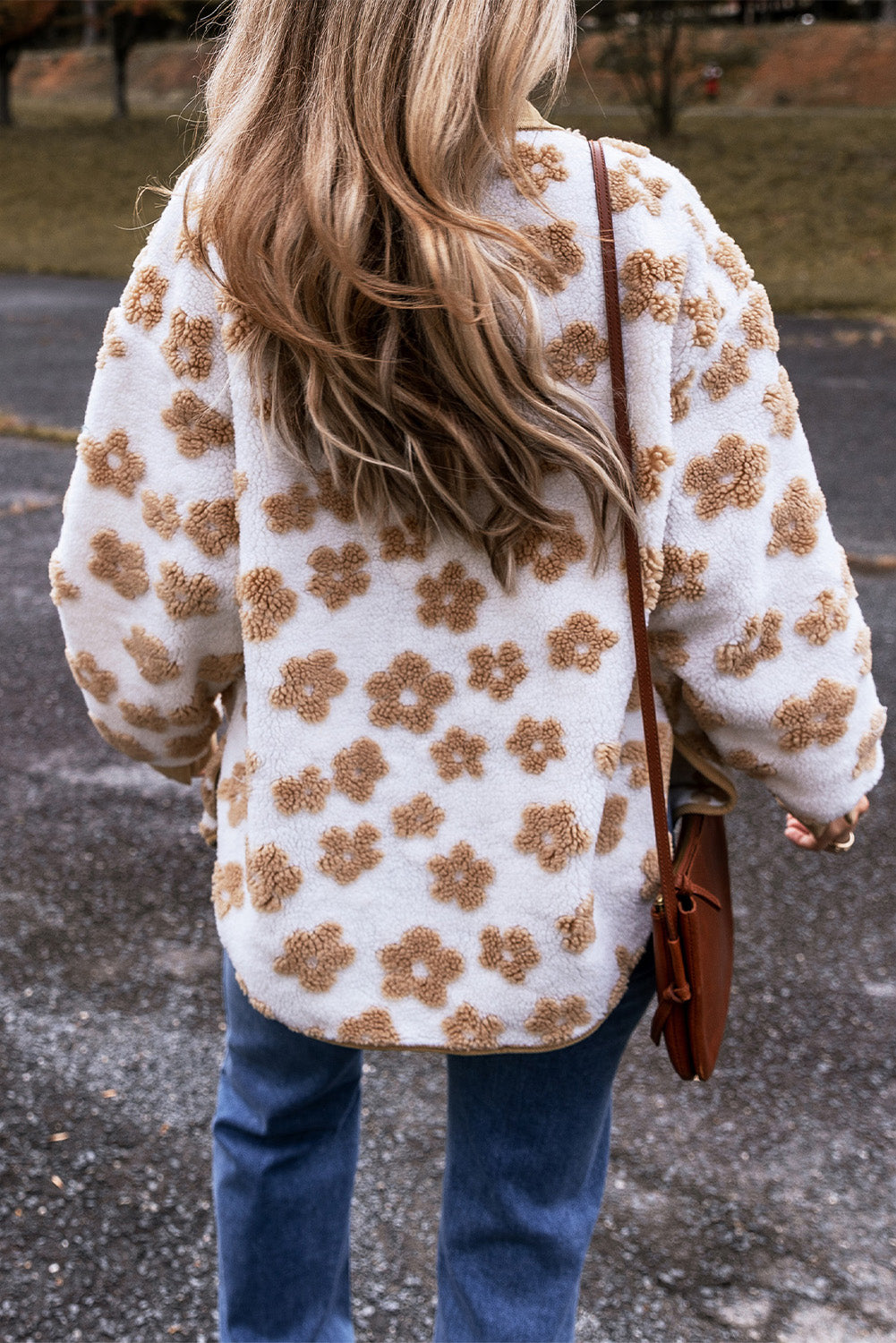 Light French Beige Cute Flower Pattern Button Up Fleece Jacket Jackets JT's Designer Fashion
