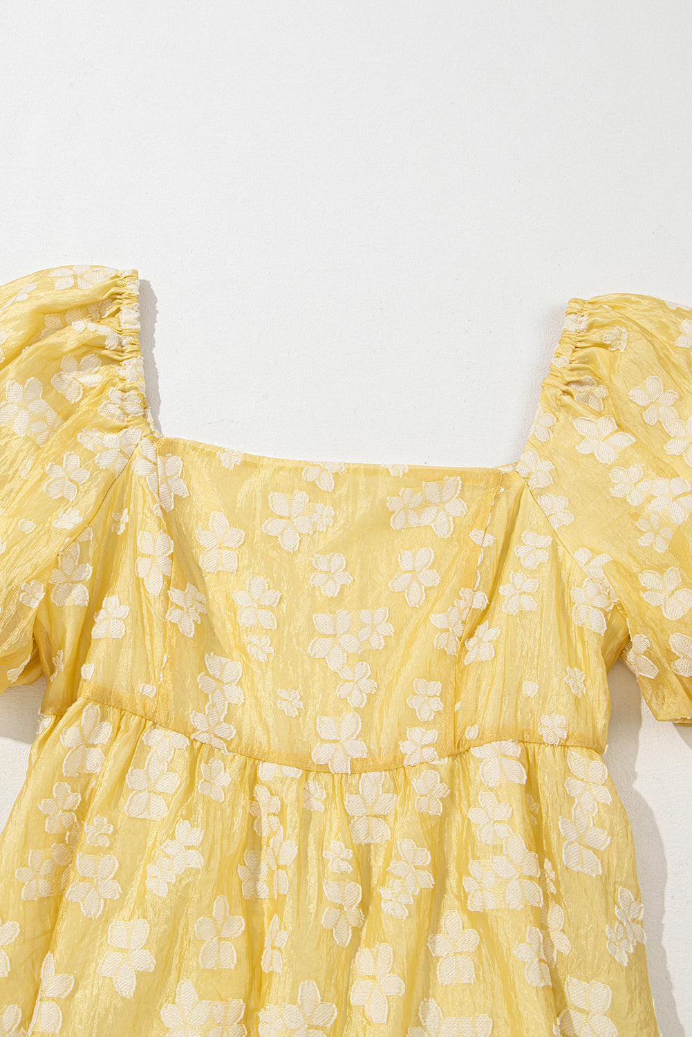 Yellow Boho Flower Jacquard Puff Sleeve Square Neck Mini Dress Floral Dresses JT's Designer Fashion