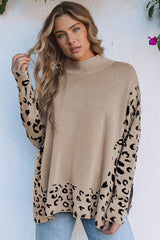 Khaki Leopard High Neck Side Slit Oversized Sweater Sweaters & Cardigans JT's Designer Fashion