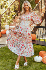 Khaki Floral Print Ruffled Tiered Long Sleeve V Neck Midi Dress Floral Dresses JT's Designer Fashion