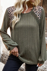 Moss Green Leopard Print Crochet Patchwork Rib Textured Knit Top Long Sleeve Tops JT's Designer Fashion