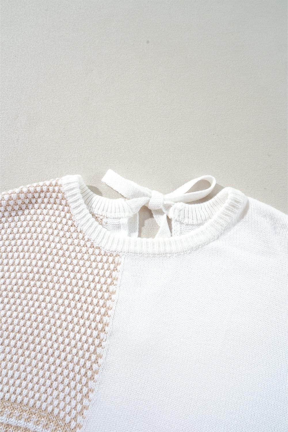Oatmeal Mixed Pattern Knit Tie Keyhole Drop Shoulder Sweater Sweaters JT's Designer Fashion