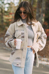 Khaki Western Aztec Print Sherpa Splicing Buttoned Flap Pocket Coat Jackets JT's Designer Fashion