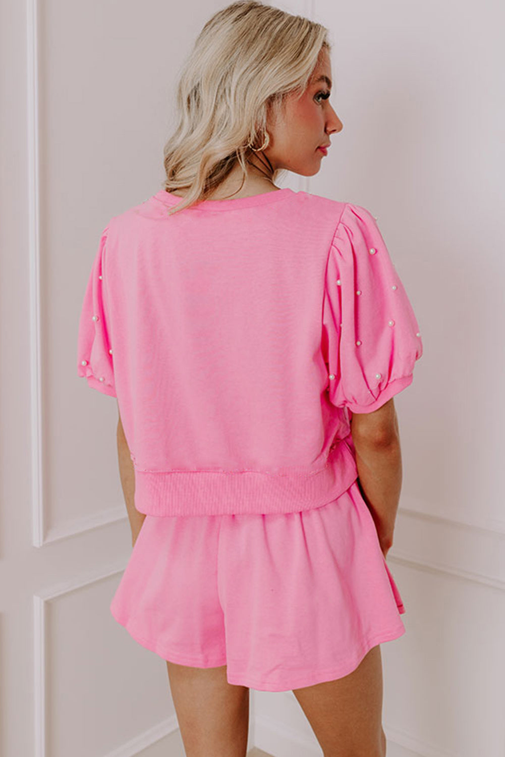 Pink Contrast Bow Trim Pearl Puff Sleeve Blouse and Skort 2pcs Set Short Sets JT's Designer Fashion
