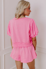 Pink Contrast Bow Trim Pearl Puff Sleeve Blouse and Skort 2pcs Set Short Sets JT's Designer Fashion