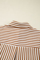 Brown Stripe Ruffled Hem Collared Long Sleeve Shirt Mini Dress Mini Dresses JT's Designer Fashion