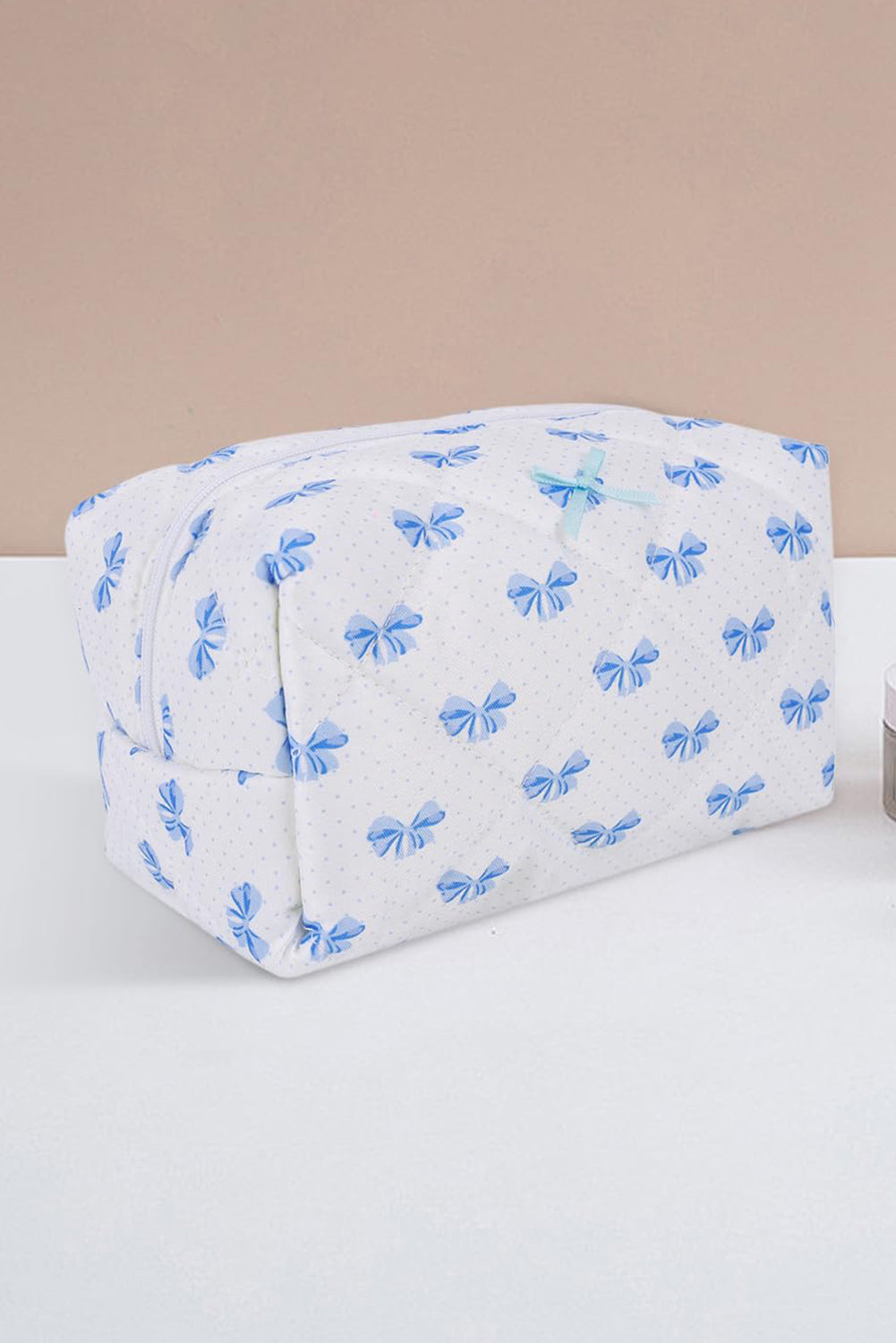 Sky Blue Bow Knot Quilted Zipper Makeup Bag Makeup Bags JT's Designer Fashion