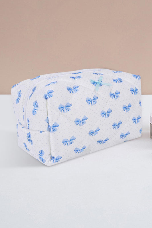 Sky Blue Bow Knot Quilted Zipper Makeup Bag Makeup Bags JT's Designer Fashion
