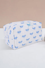 Sky Blue Bow Knot Quilted Zipper Makeup Bag Makeup Bags JT's Designer Fashion