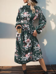 Ruched Printed Mock Neck Long Sleeve Midi Dress Midi Dresses JT's Designer Fashion