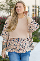 Beige Faux Two Piece Knit Patchwork Floral Print Plus Size Top Beige 70%Polyester+27%Viscose+3%Elastane Plus Size Blouses & Shirts JT's Designer Fashion