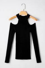 Black Ribbed Knit Cold Shoulder Choker Neck Sweater Sweaters JT's Designer Fashion