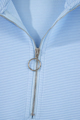 Beau Blue Ribbed Texture Half Zip Ruffled Short Sleeve Top and Shorts Set Short Sets JT's Designer Fashion