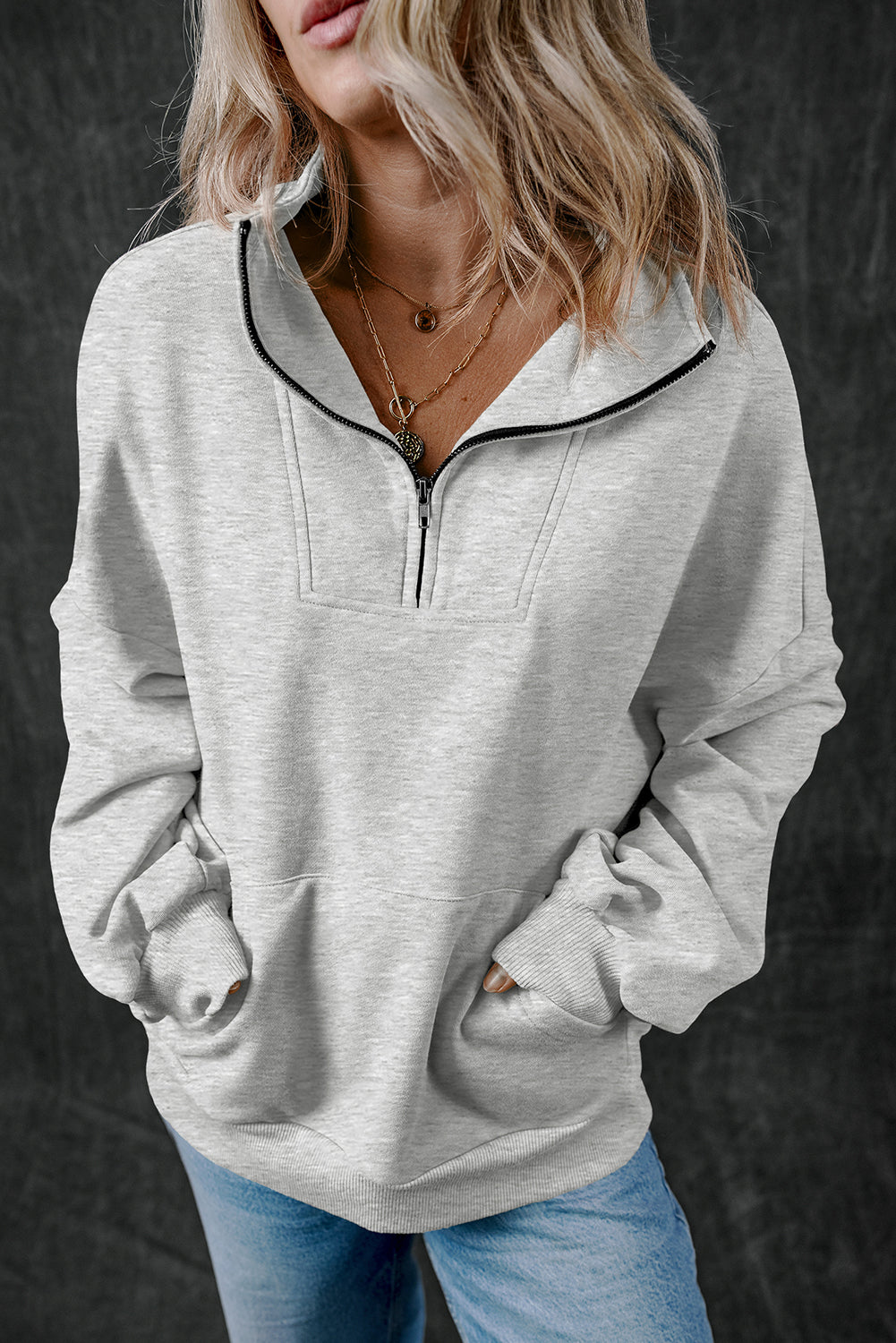 Light Grey Zip-up Stand Neck Kangaroo Pocket Sweatshirt Sweatshirts & Hoodies JT's Designer Fashion