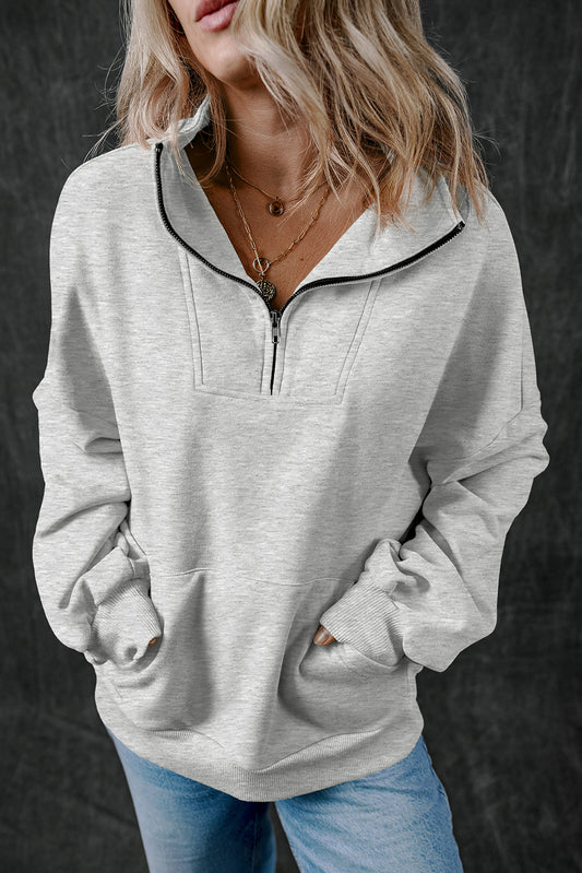 Light Grey Zip-up Stand Neck Kangaroo Pocket Sweatshirt Sweatshirts & Hoodies JT's Designer Fashion