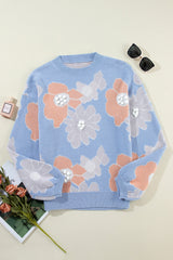 Beau Blue Floral O Neck Drop Shoulder Knitted Sweater Sweaters JT's Designer Fashion
