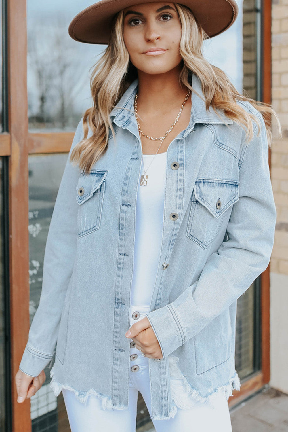 Sky Blue Flap Pocket Buttoned Raw Hem Denim Jacket Denim Jackets JT's Designer Fashion