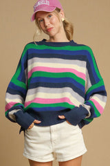 Bright Green Rainbow Striped Crew Neck Drop Shoulder Sweater Sweaters JT's Designer Fashion