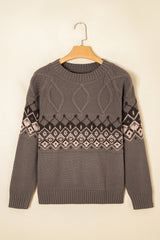 Light French Beige Western Geometric Patterned Crew Neck Knitted Sweater Sweaters JT's Designer Fashion