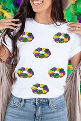 White Sequined Mardi Gras Pattern Crew Neck Short Sleeve Top Graphic Tees JT's Designer Fashion