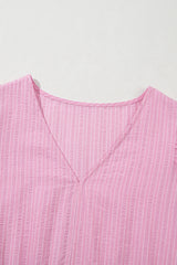 Pink Stripe V Neck Puff Short Sleeve Long Dress Maxi Dresses JT's Designer Fashion