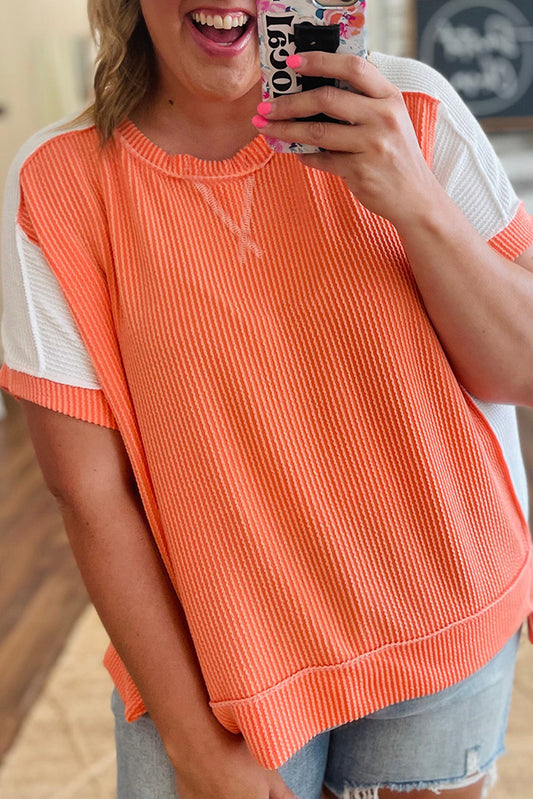 Carrot Twist Rib Colorblock Hi Low Plus Size Short Sleeve Top Plus Size JT's Designer Fashion
