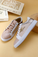 Gold Glitter Star Patchwork Leather Lace-up Sneakers Women's Shoes JT's Designer Fashion