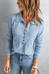 Sky Blue Button Front Turn-down Neck Knit Top Long Sleeve Tops JT's Designer Fashion